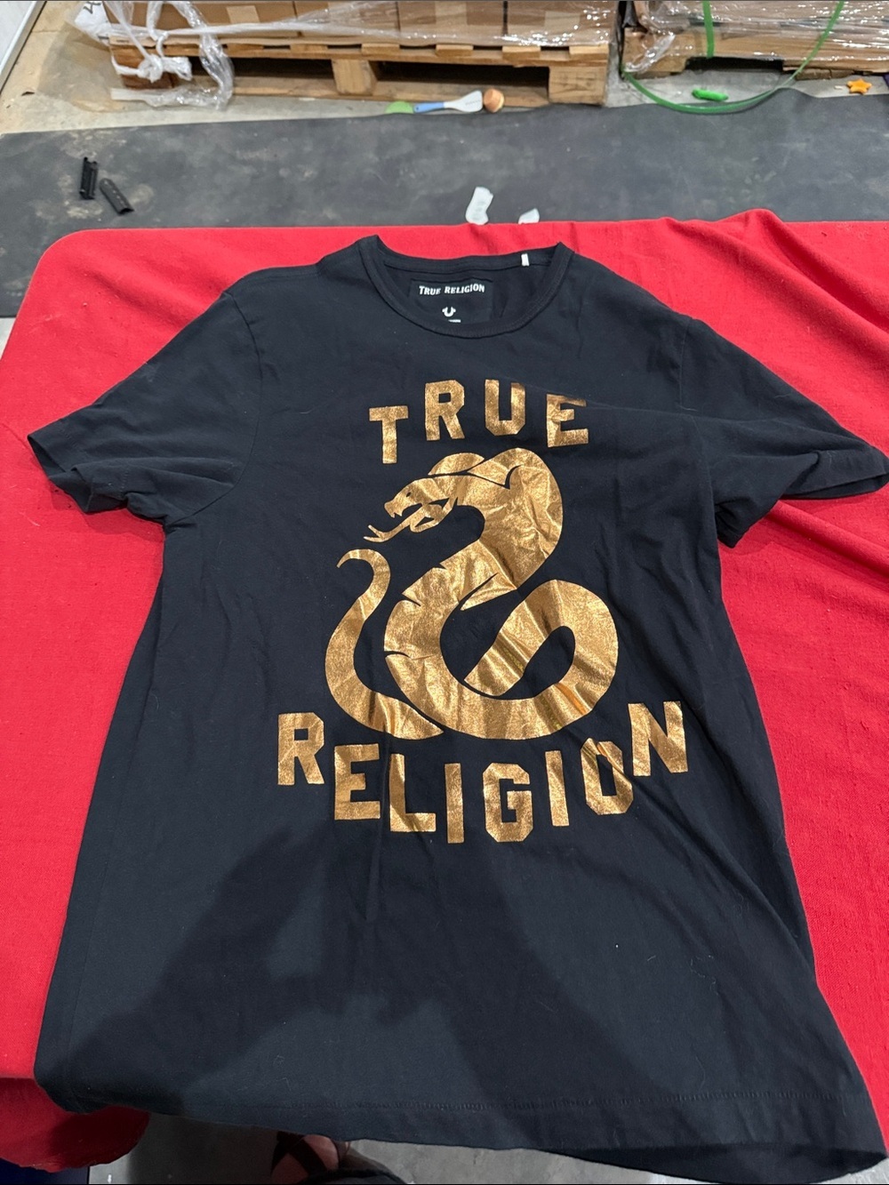 True Religion Black Tee with Metallic Gold Snake Crest